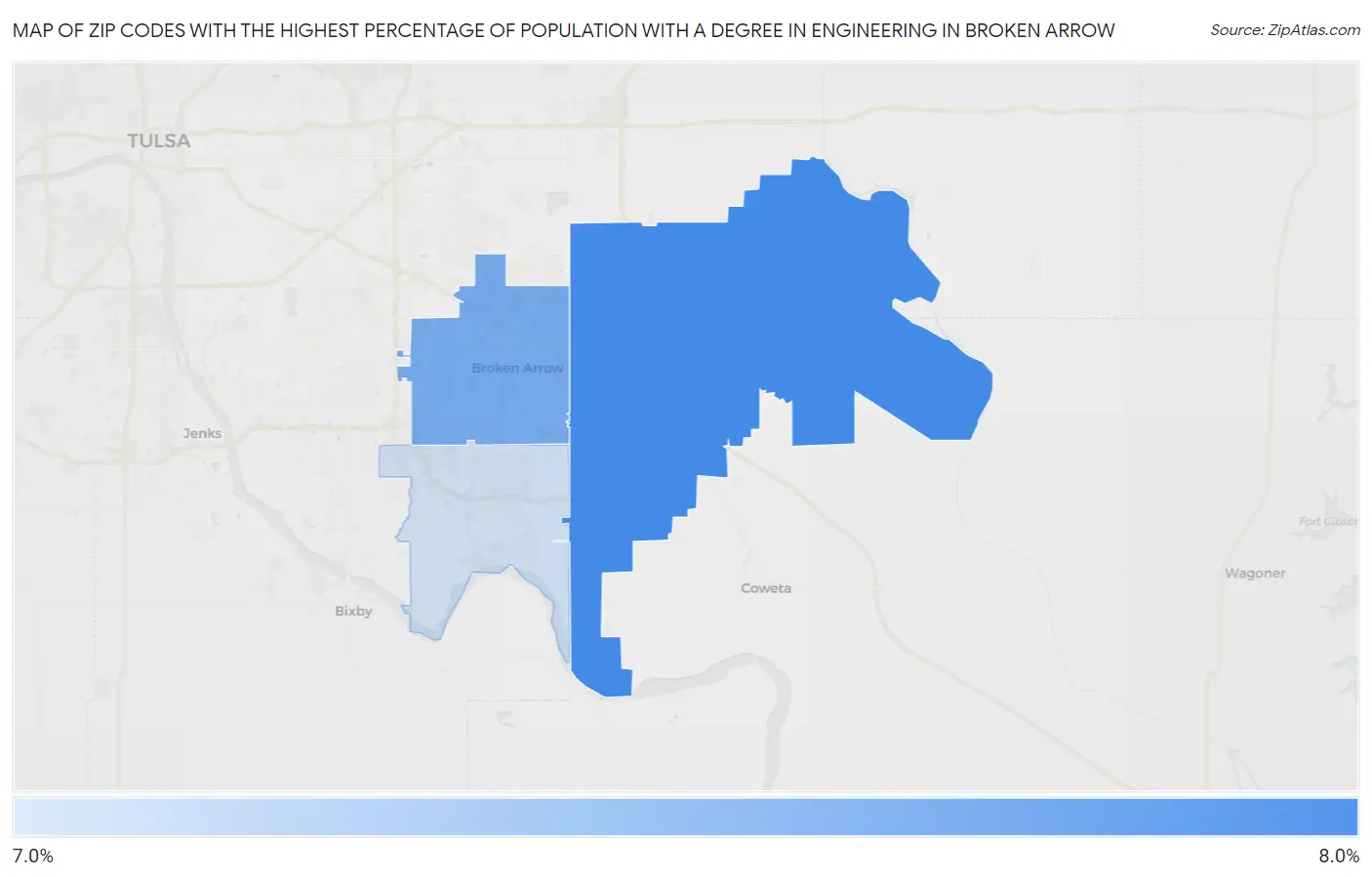 Zip Codes with the Highest Percentage of Population with a Degree in Engineering in Broken Arrow Map