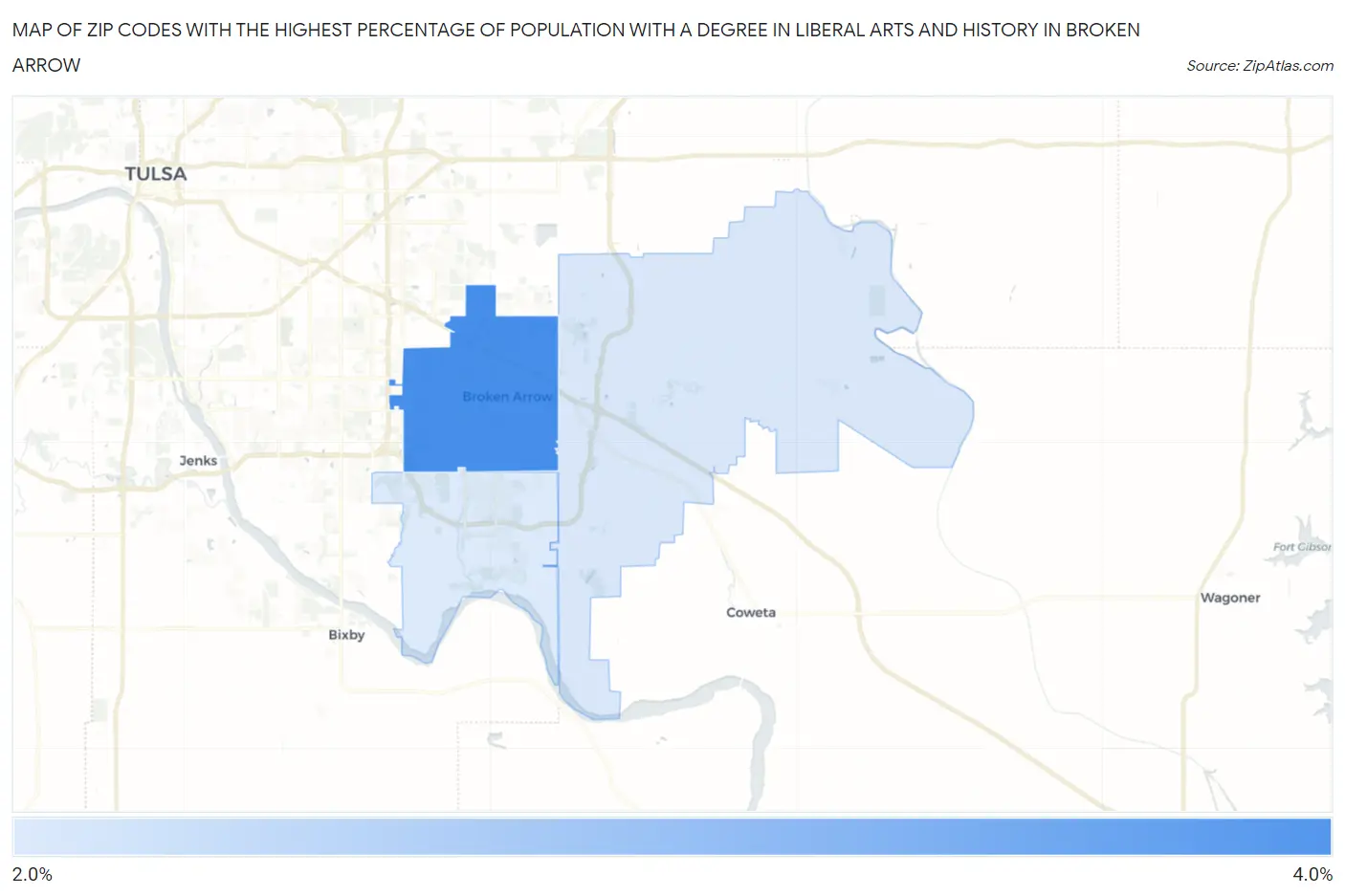 Zip Codes with the Highest Percentage of Population with a Degree in Liberal Arts and History in Broken Arrow Map