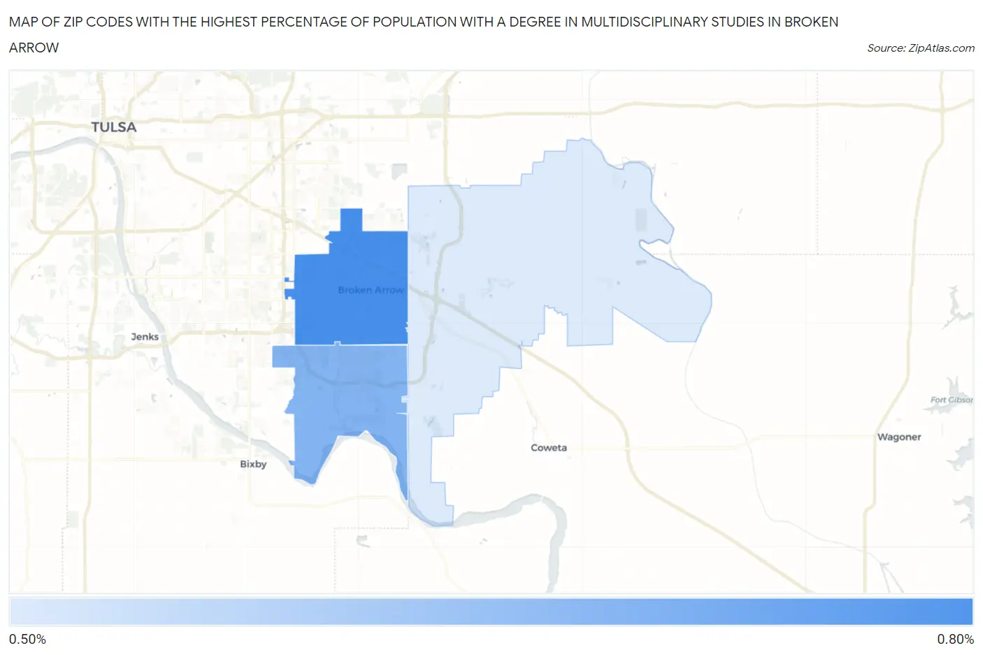 Zip Codes with the Highest Percentage of Population with a Degree in Multidisciplinary Studies in Broken Arrow Map