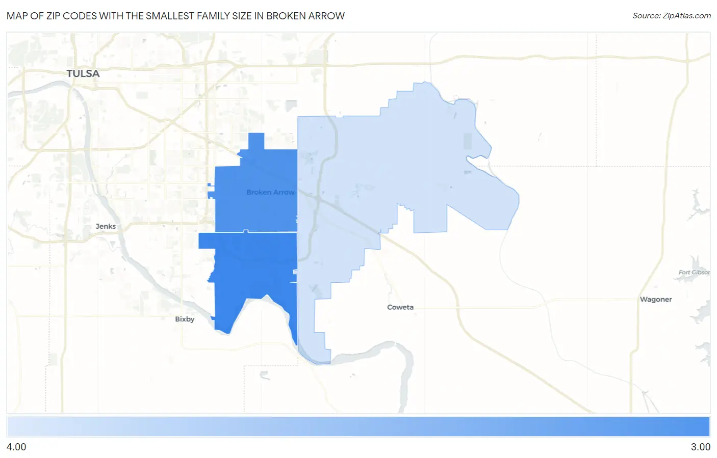 Zip Codes with the Smallest Family Size in Broken Arrow Map