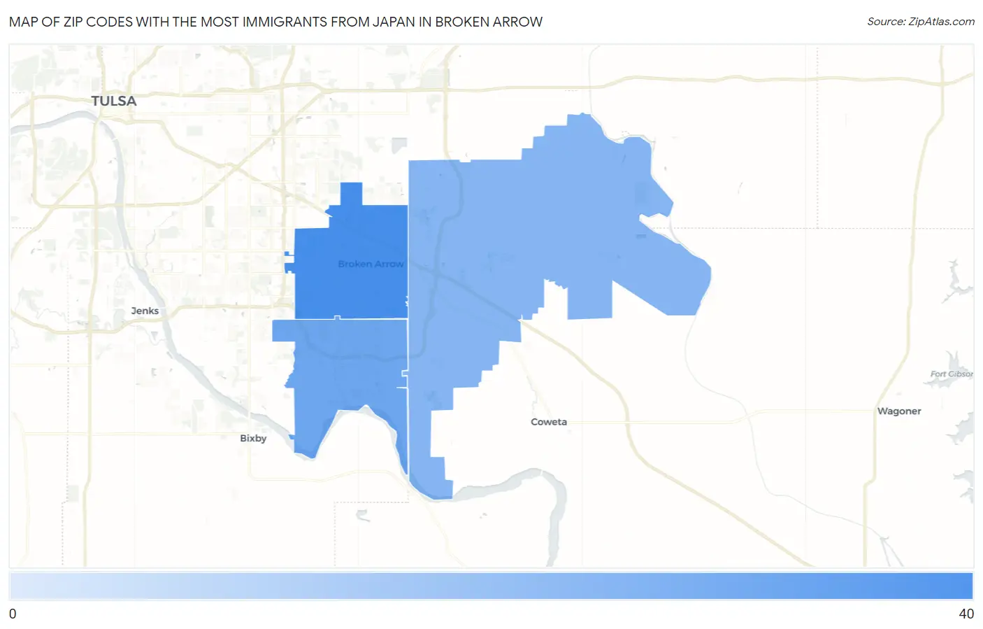 Zip Codes with the Most Immigrants from Japan in Broken Arrow Map