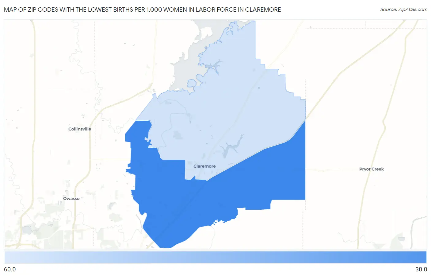 Zip Codes with the Lowest Births per 1,000 Women in Labor Force in Claremore Map