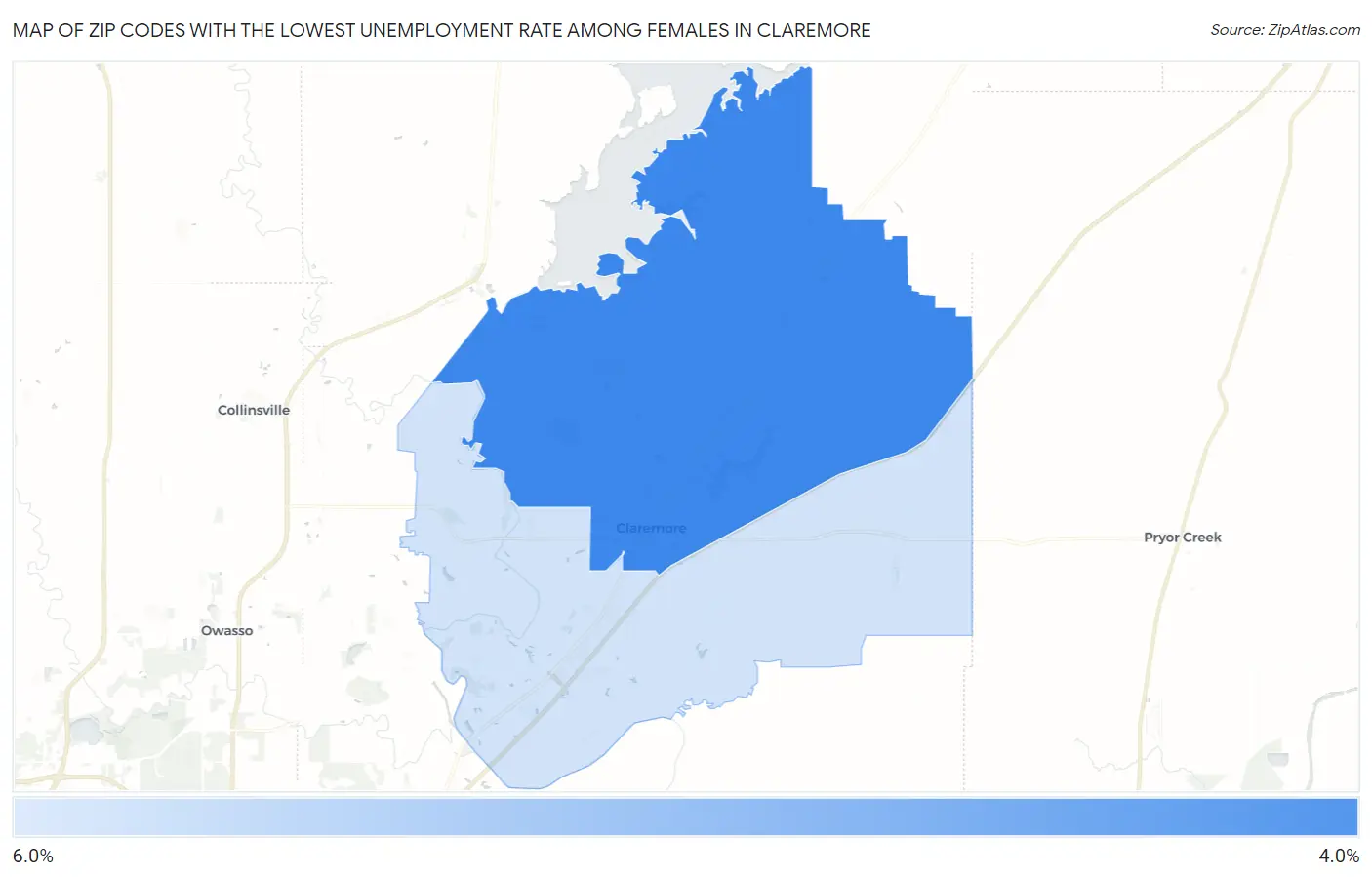 Zip Codes with the Lowest Unemployment Rate Among Females in Claremore Map