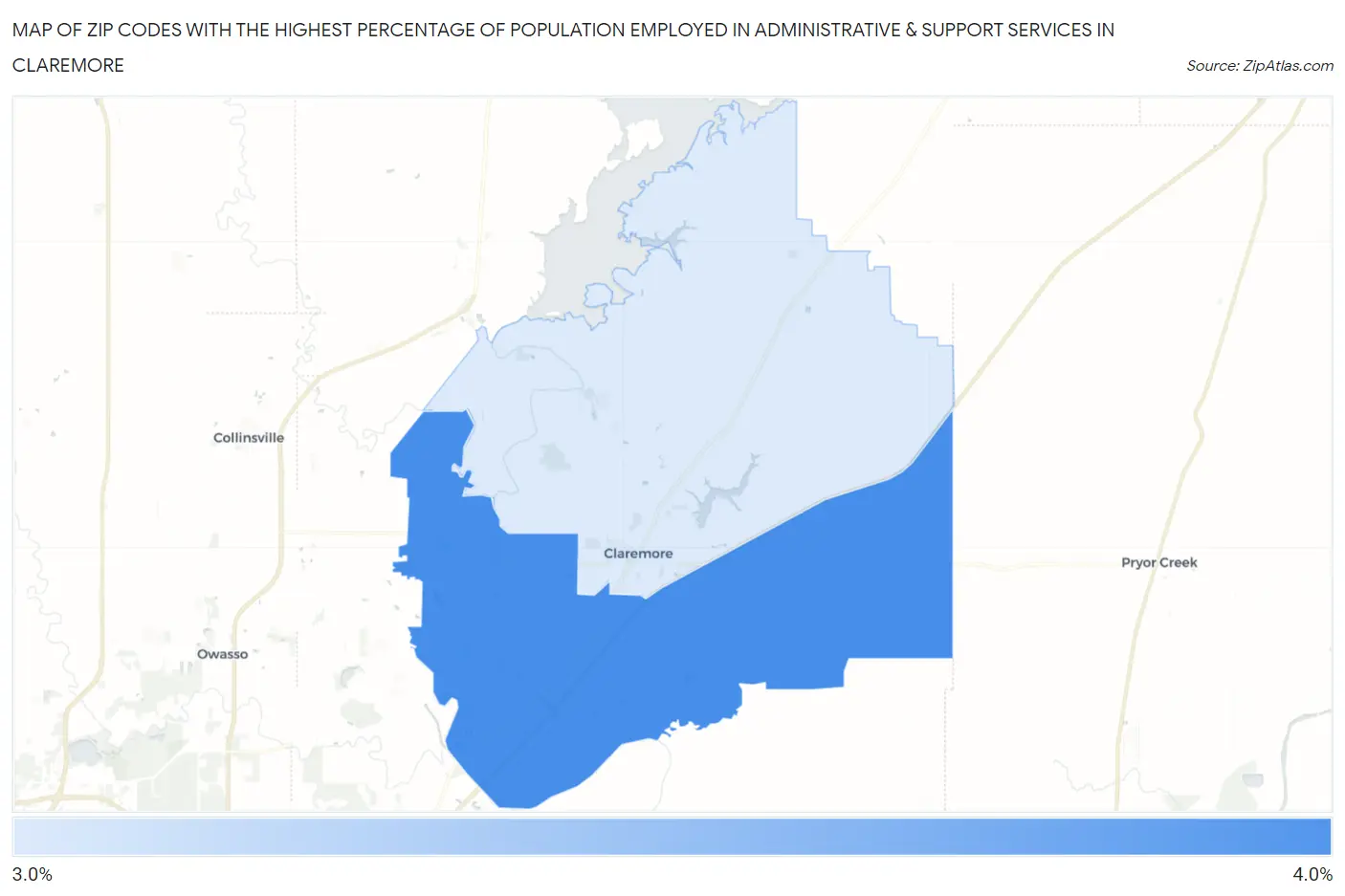 Zip Codes with the Highest Percentage of Population Employed in Administrative & Support Services in Claremore Map