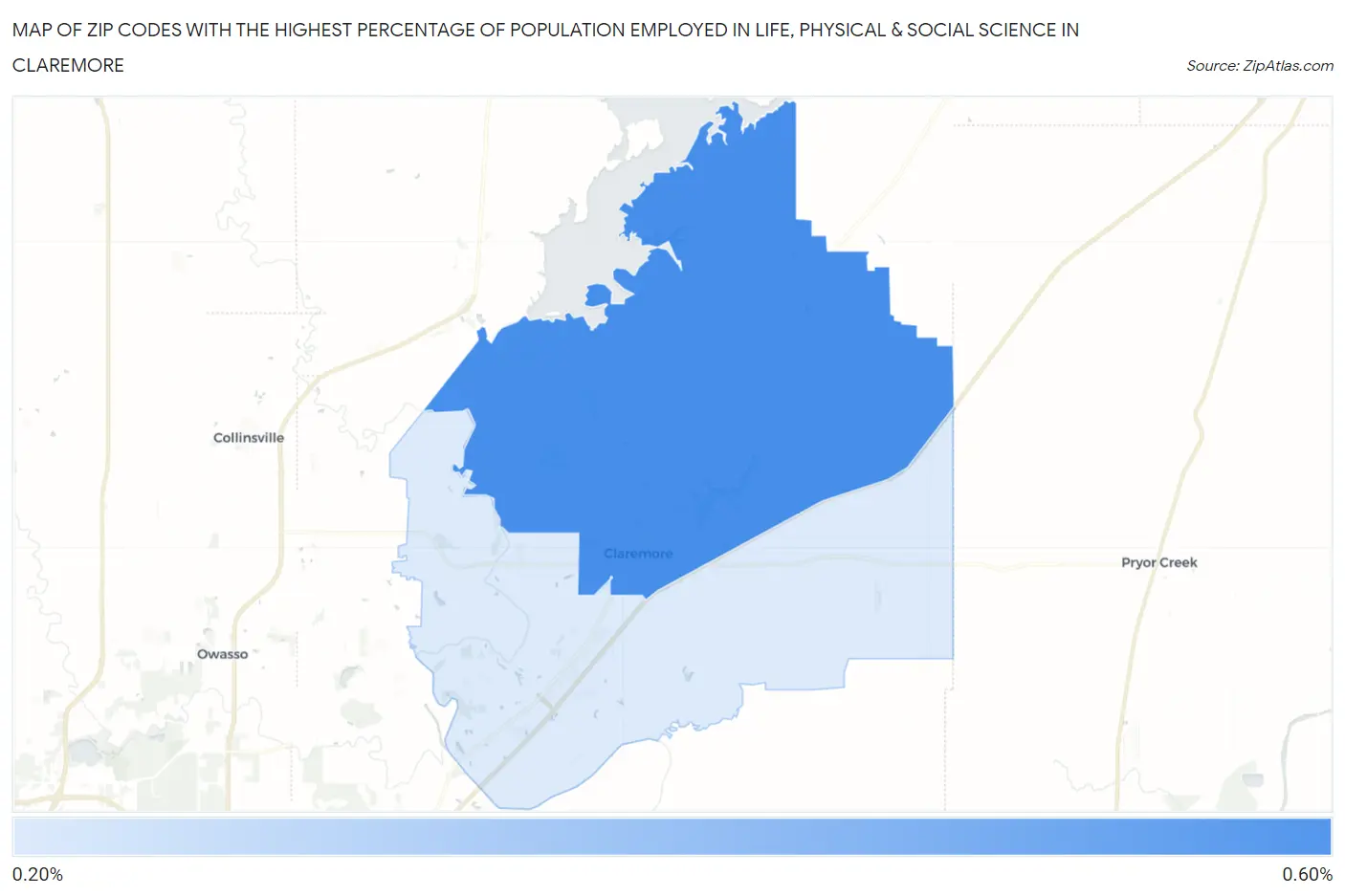 Zip Codes with the Highest Percentage of Population Employed in Life, Physical & Social Science in Claremore Map