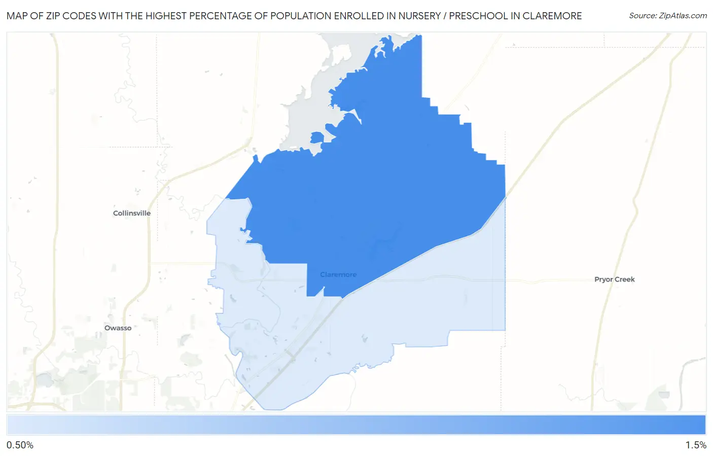 Zip Codes with the Highest Percentage of Population Enrolled in Nursery / Preschool in Claremore Map
