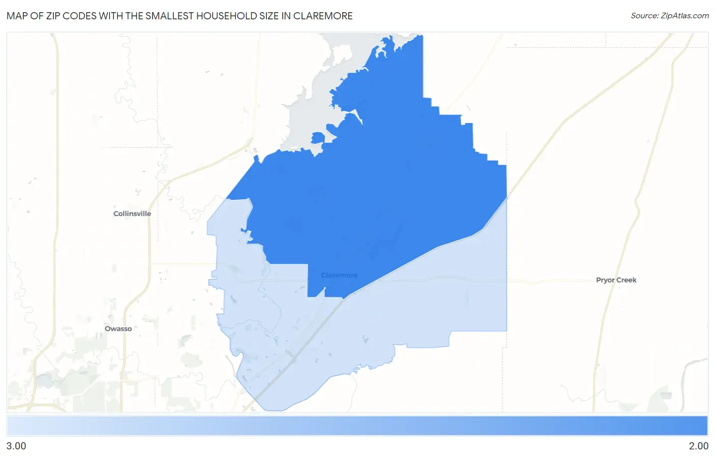 Zip Codes with the Smallest Household Size in Claremore Map