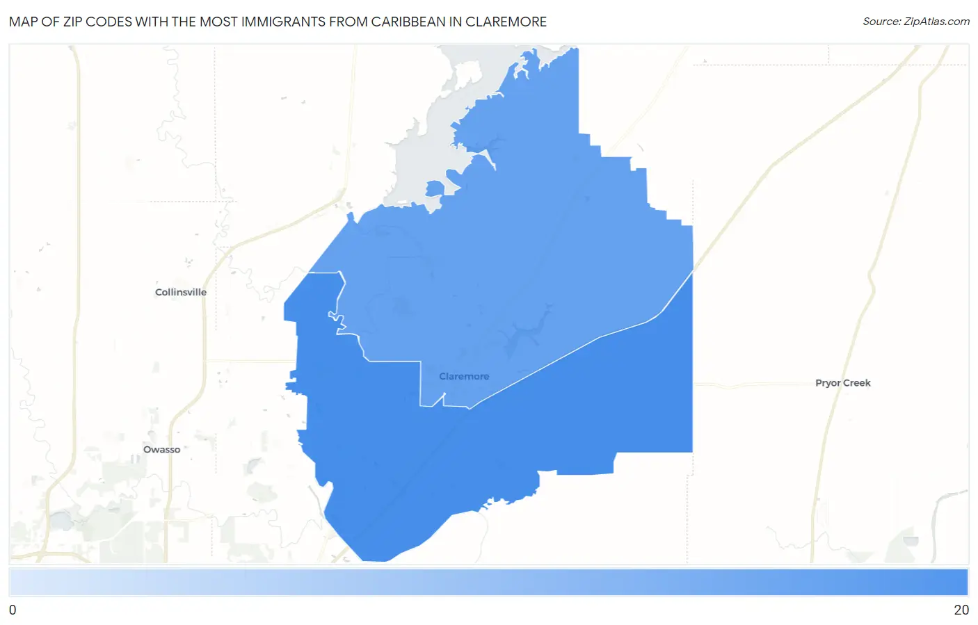 Zip Codes with the Most Immigrants from Caribbean in Claremore Map