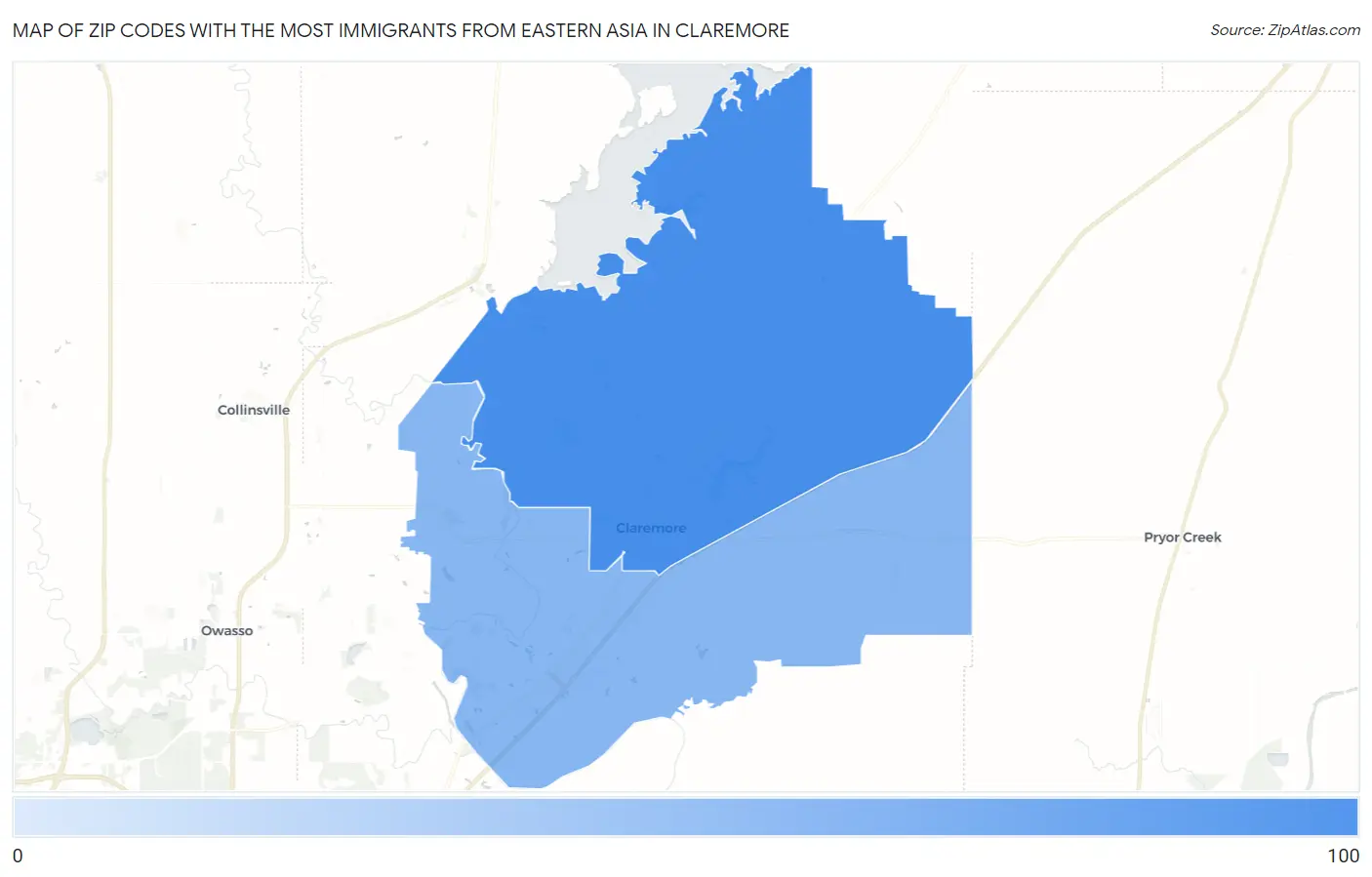 Zip Codes with the Most Immigrants from Eastern Asia in Claremore Map