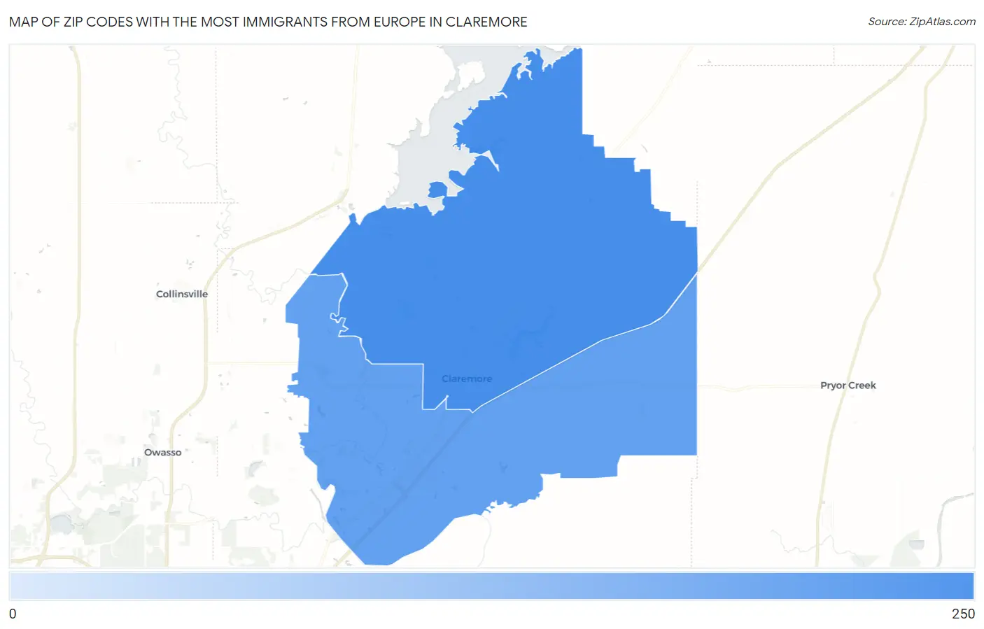 Zip Codes with the Most Immigrants from Europe in Claremore Map