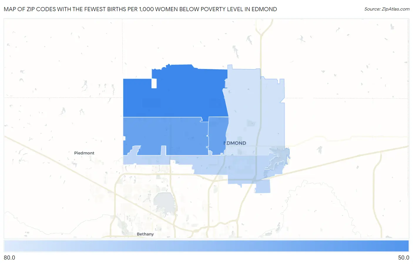Zip Codes with the Fewest Births per 1,000 Women Below Poverty Level in Edmond Map
