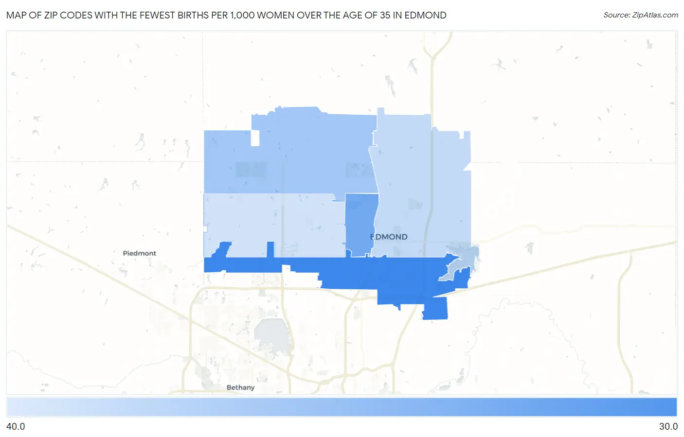 Zip Codes with the Fewest Births per 1,000 Women Over the Age of 35 in Edmond Map