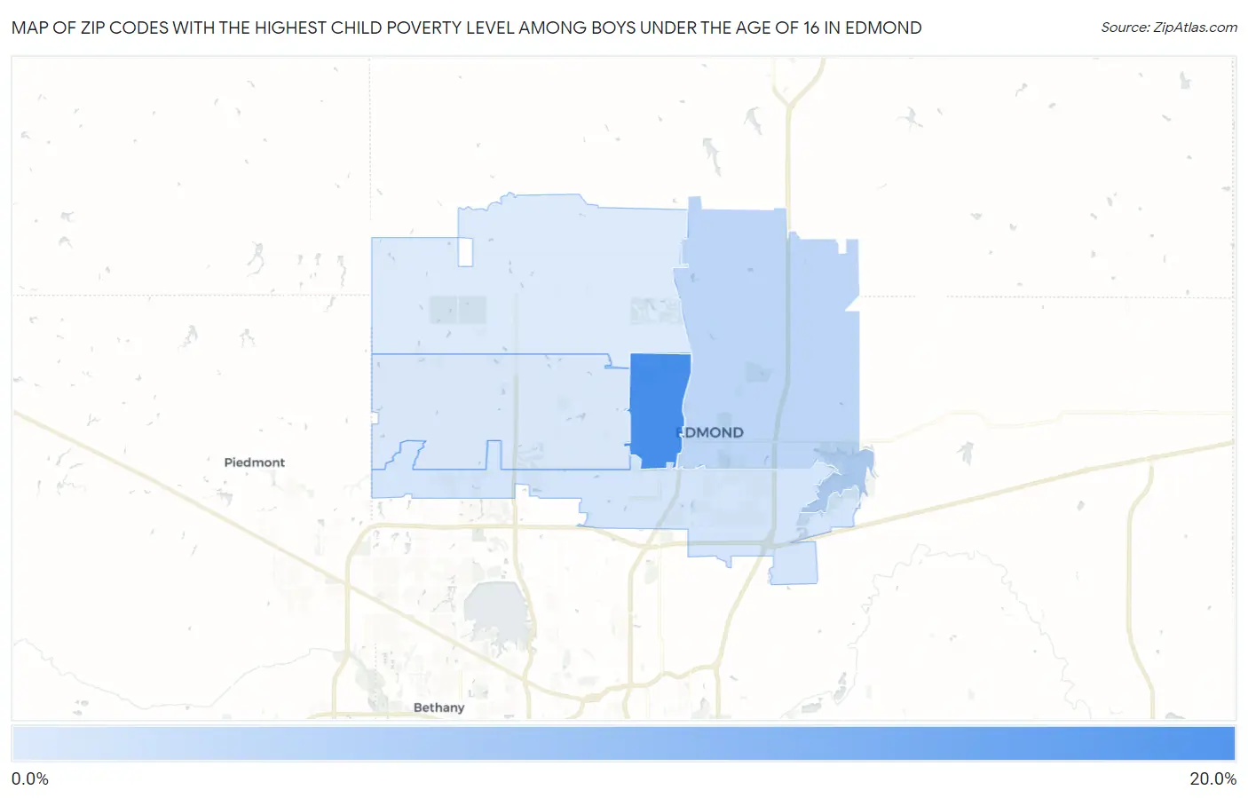 Zip Codes with the Highest Child Poverty Level Among Boys Under the Age of 16 in Edmond Map