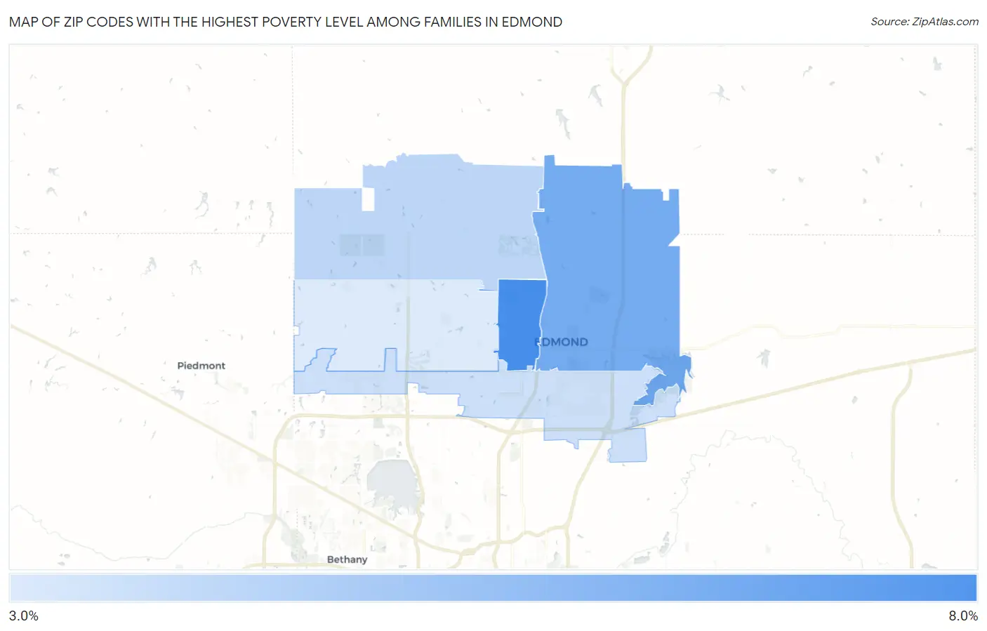 Zip Codes with the Highest Poverty Level Among Families in Edmond Map