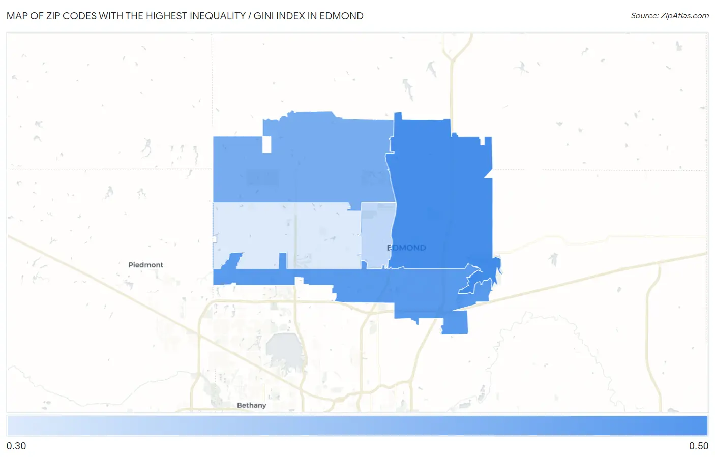 Zip Codes with the Highest Inequality / Gini Index in Edmond Map