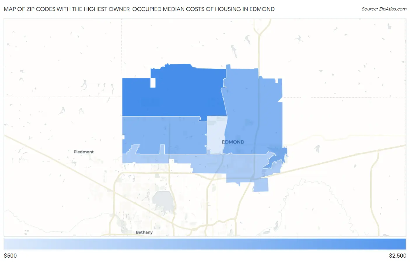 Zip Codes with the Highest Owner-Occupied Median Costs of Housing in Edmond Map
