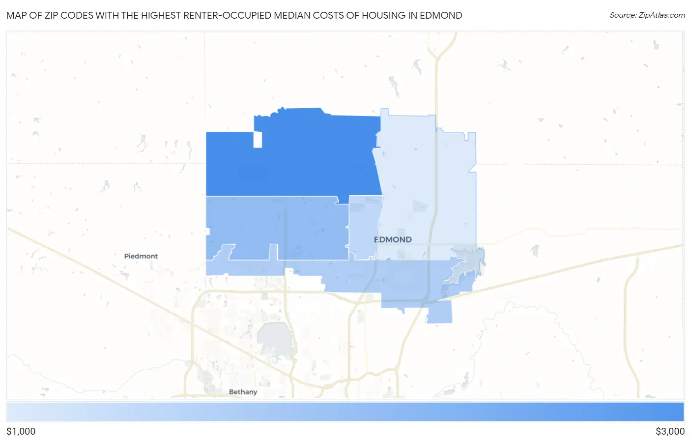 Zip Codes with the Highest Renter-Occupied Median Costs of Housing in Edmond Map