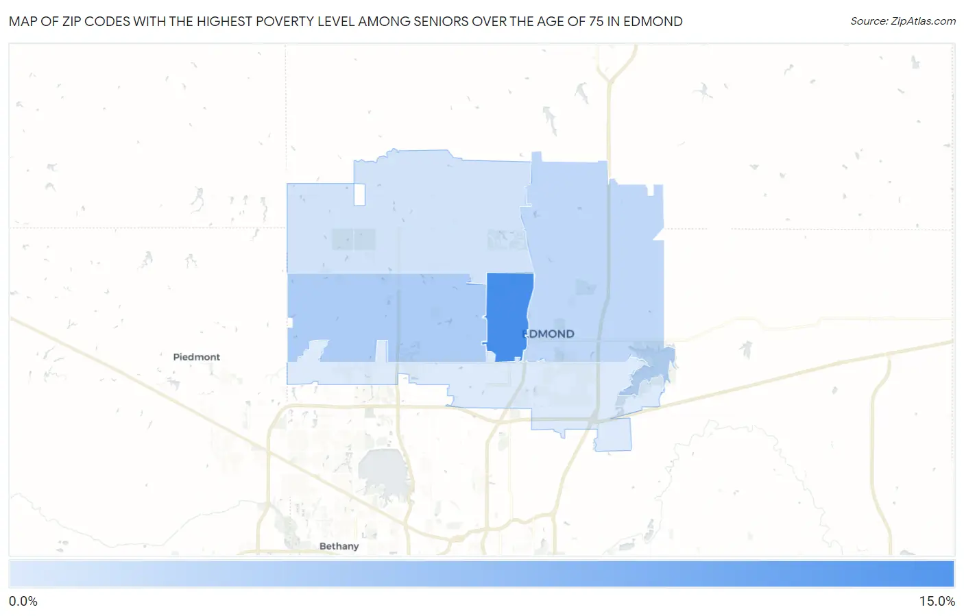 Zip Codes with the Highest Poverty Level Among Seniors Over the Age of 75 in Edmond Map