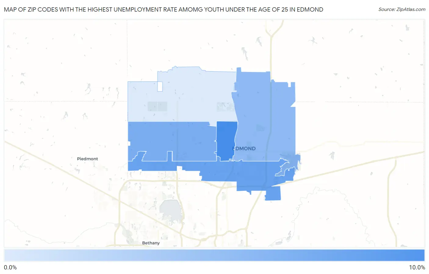 Zip Codes with the Highest Unemployment Rate Amomg Youth Under the Age of 25 in Edmond Map