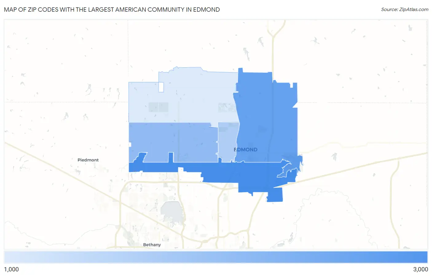 Zip Codes with the Largest American Community in Edmond Map