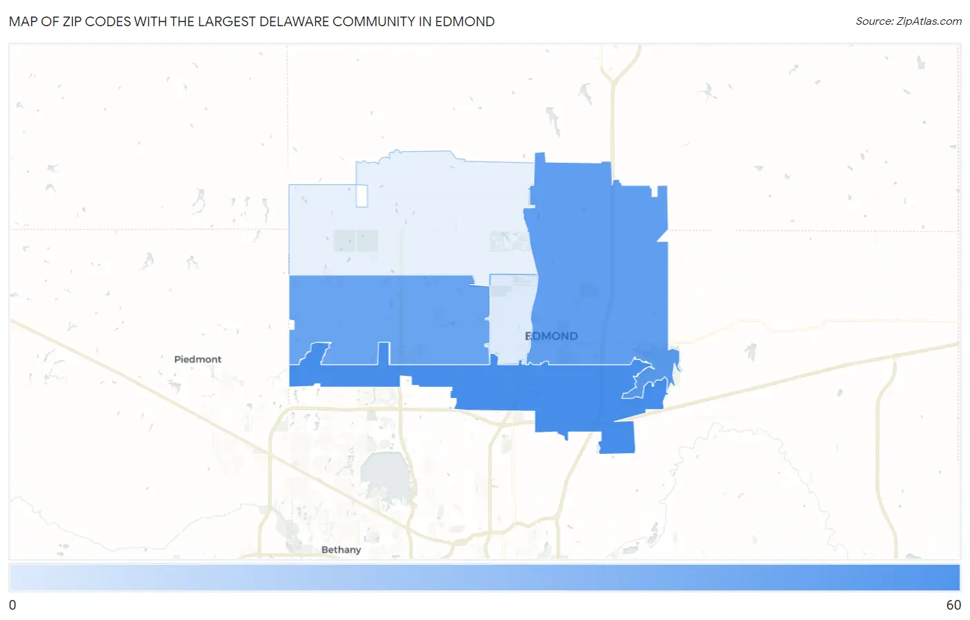 Zip Codes with the Largest Delaware Community in Edmond Map