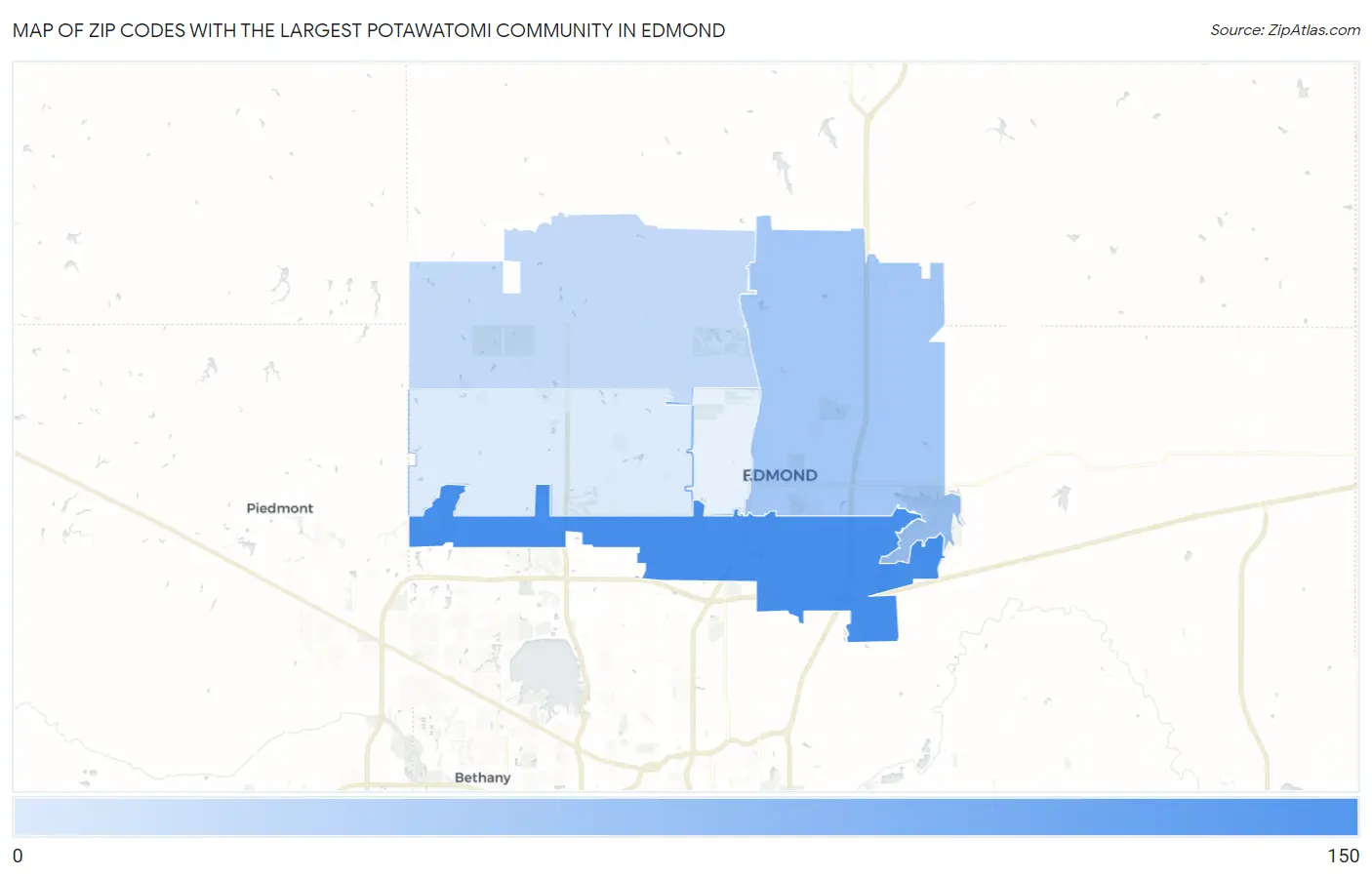 Zip Codes with the Largest Potawatomi Community in Edmond Map