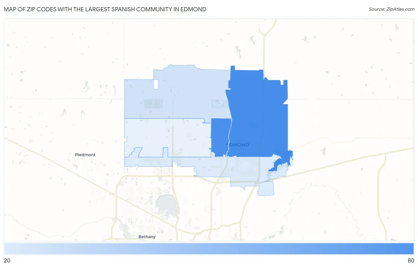 Zip Codes with the Largest Spanish Community in Edmond Map