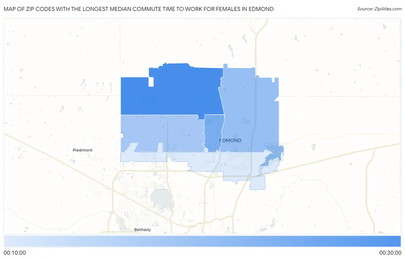 Zip Codes with the Longest Median Commute Time to Work for Females in Edmond Map