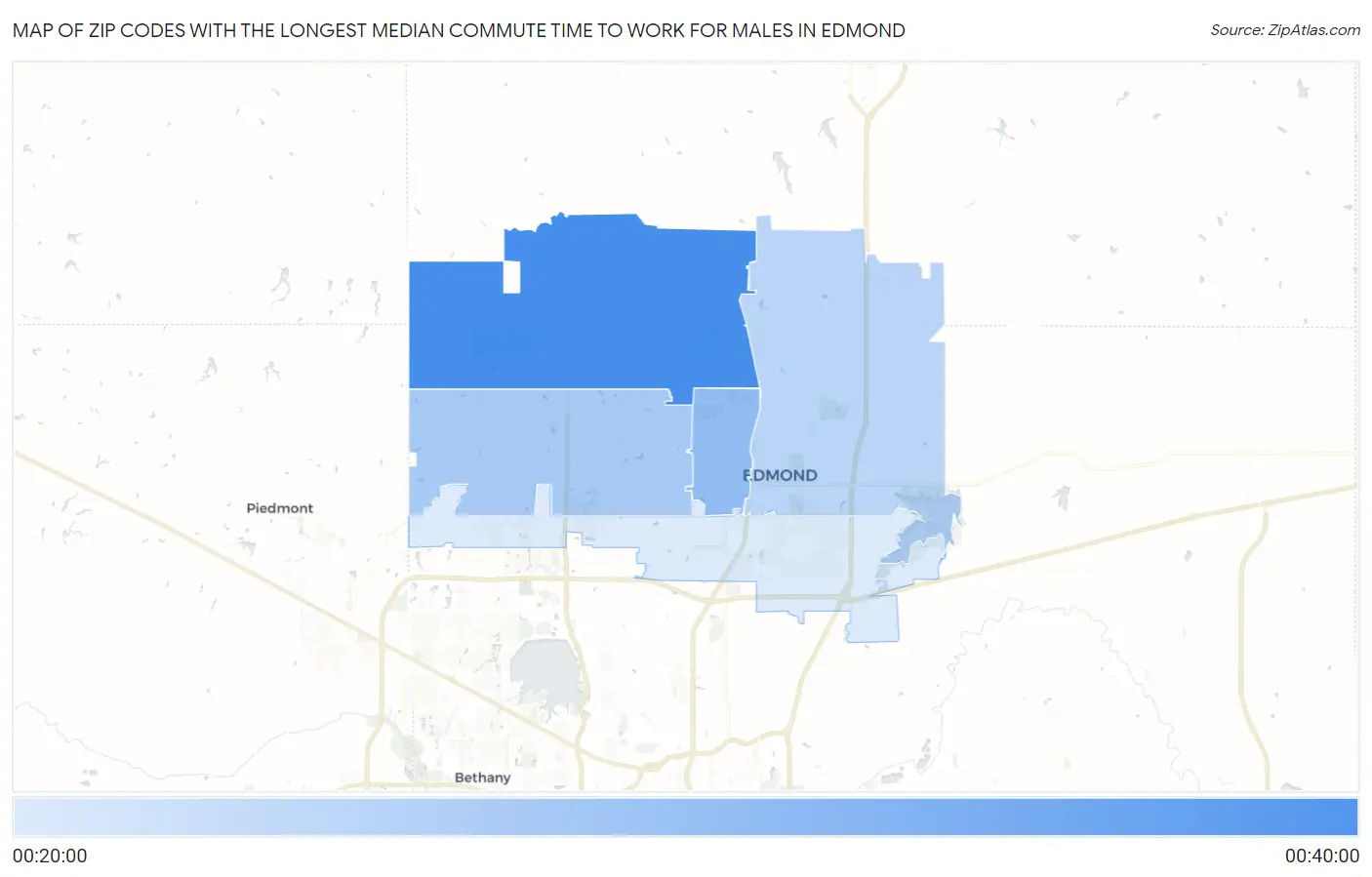Zip Codes with the Longest Median Commute Time to Work for Males in Edmond Map