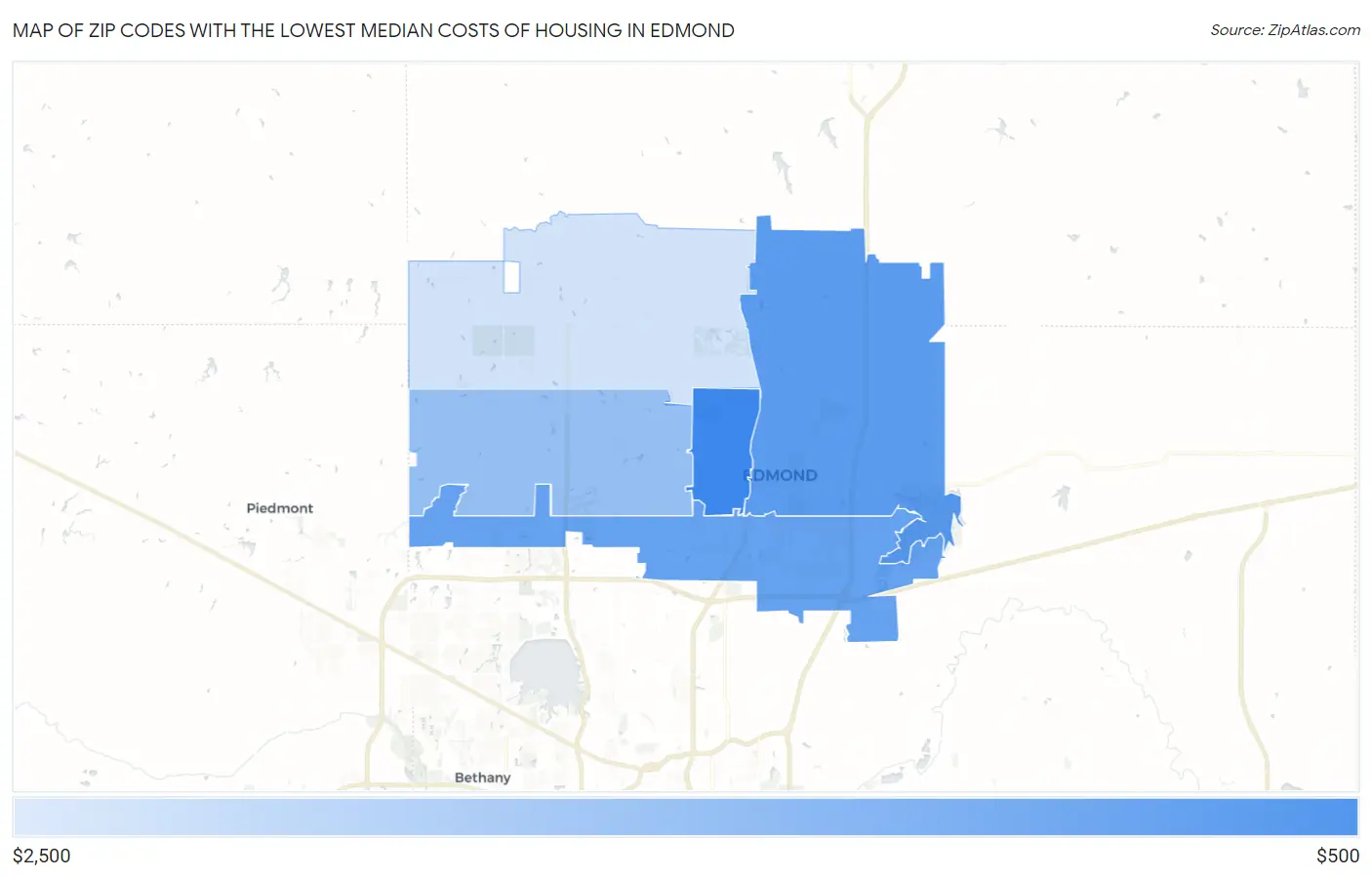 Zip Codes with the Lowest Median Costs of Housing in Edmond Map