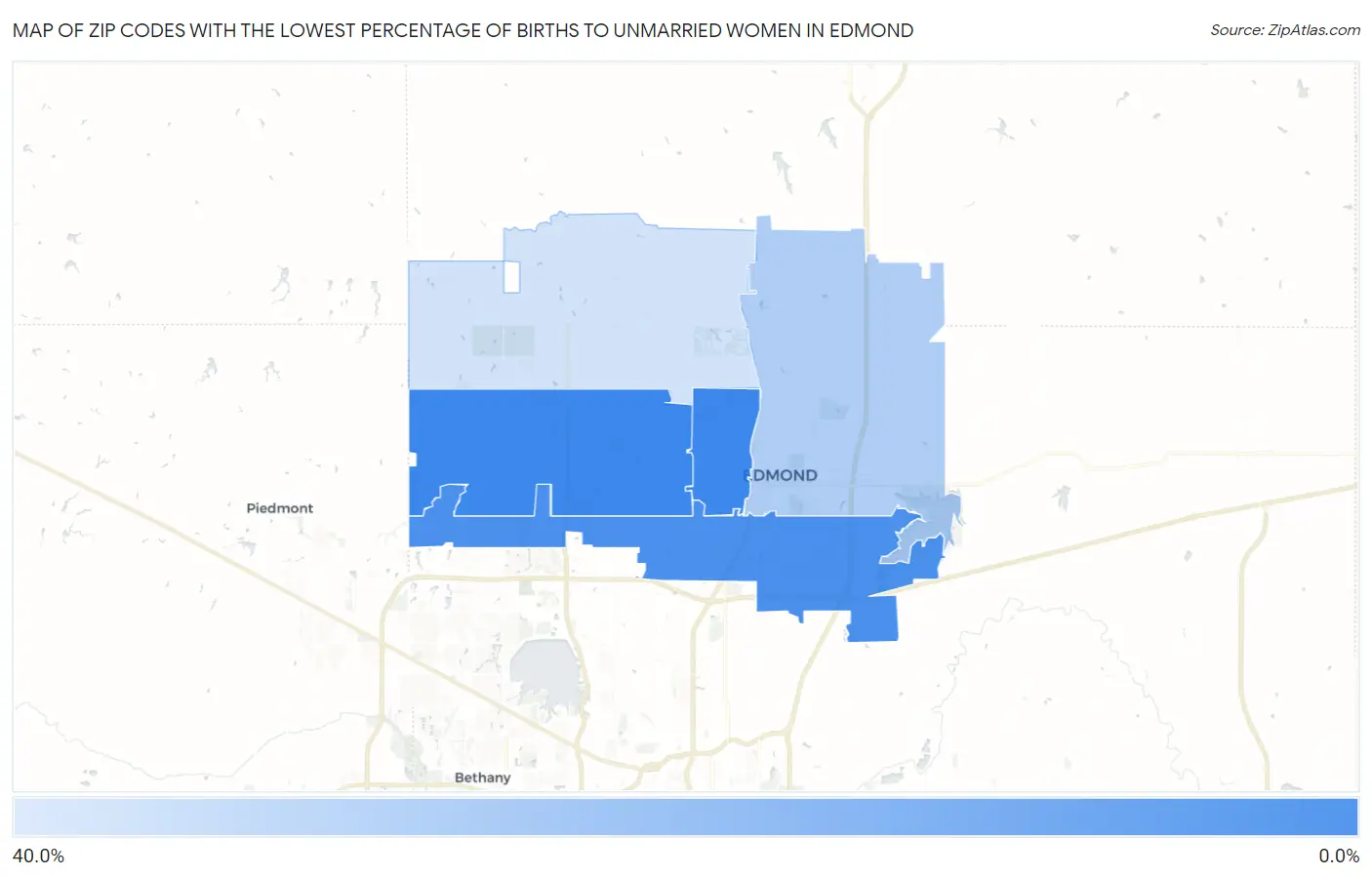 Zip Codes with the Lowest Percentage of Births to Unmarried Women in Edmond Map