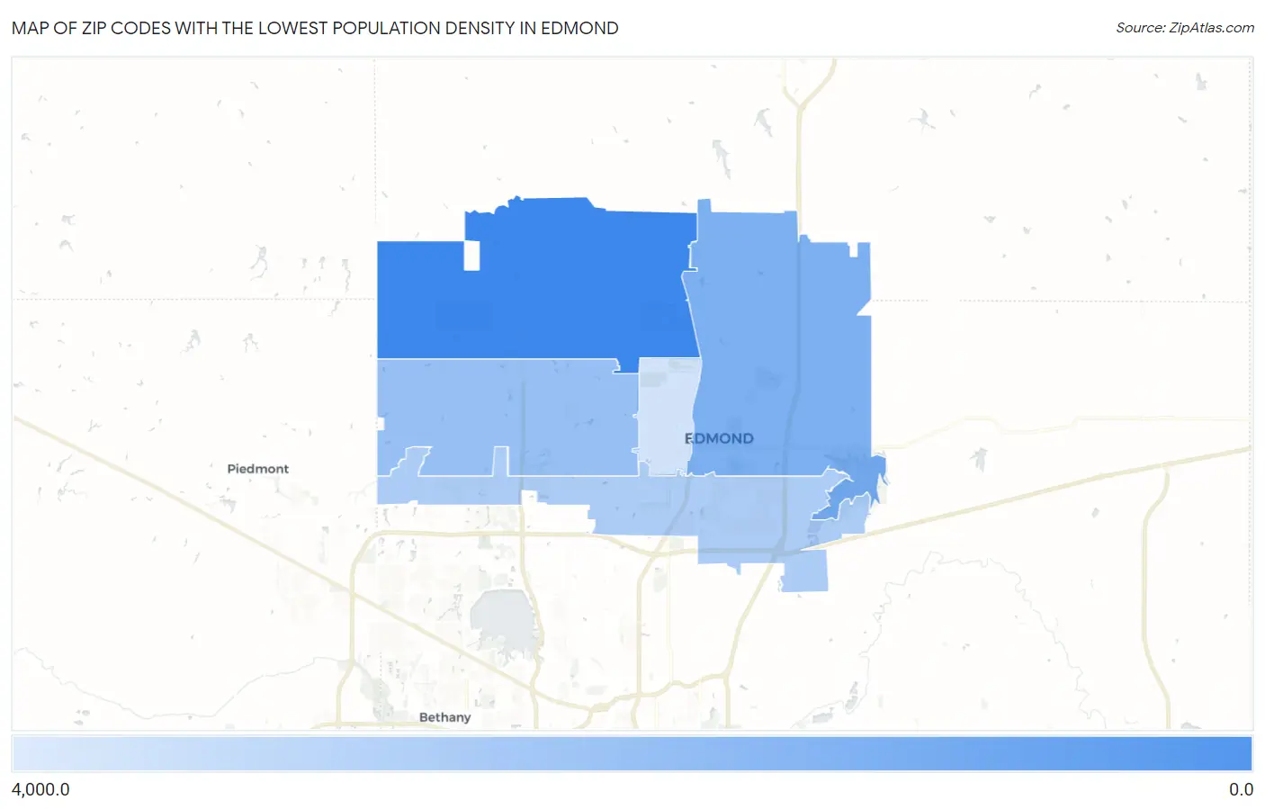 Zip Codes with the Lowest Population Density in Edmond Map