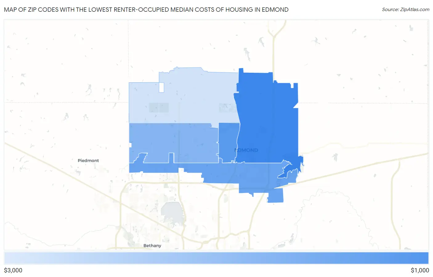 Zip Codes with the Lowest Renter-Occupied Median Costs of Housing in Edmond Map