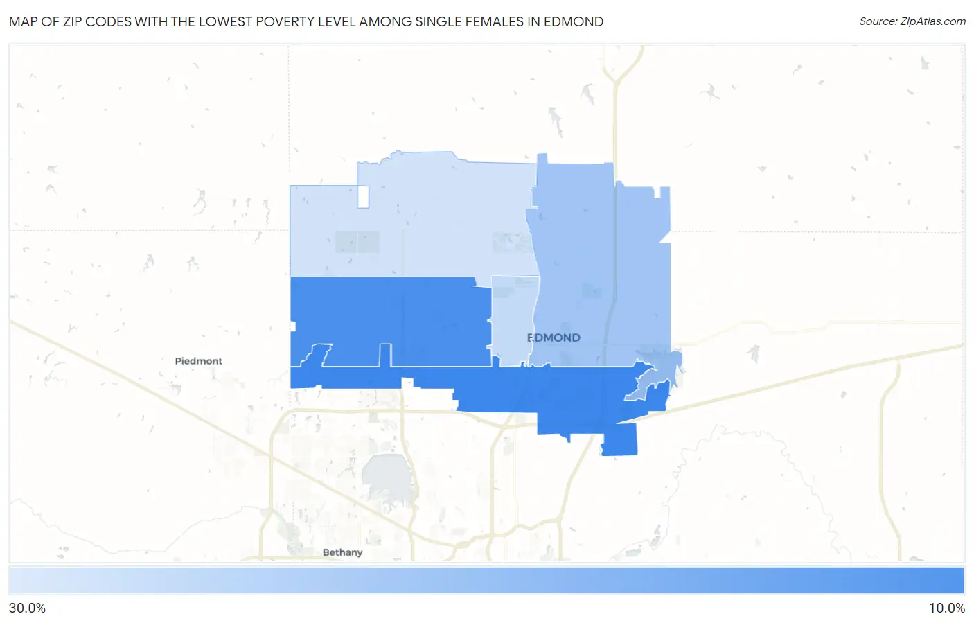Zip Codes with the Lowest Poverty Level Among Single Females in Edmond Map