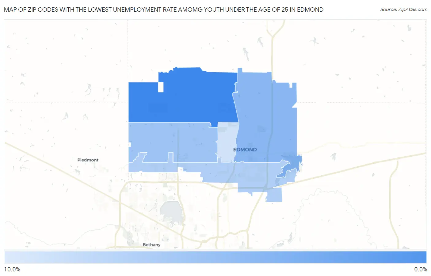 Zip Codes with the Lowest Unemployment Rate Amomg Youth Under the Age of 25 in Edmond Map