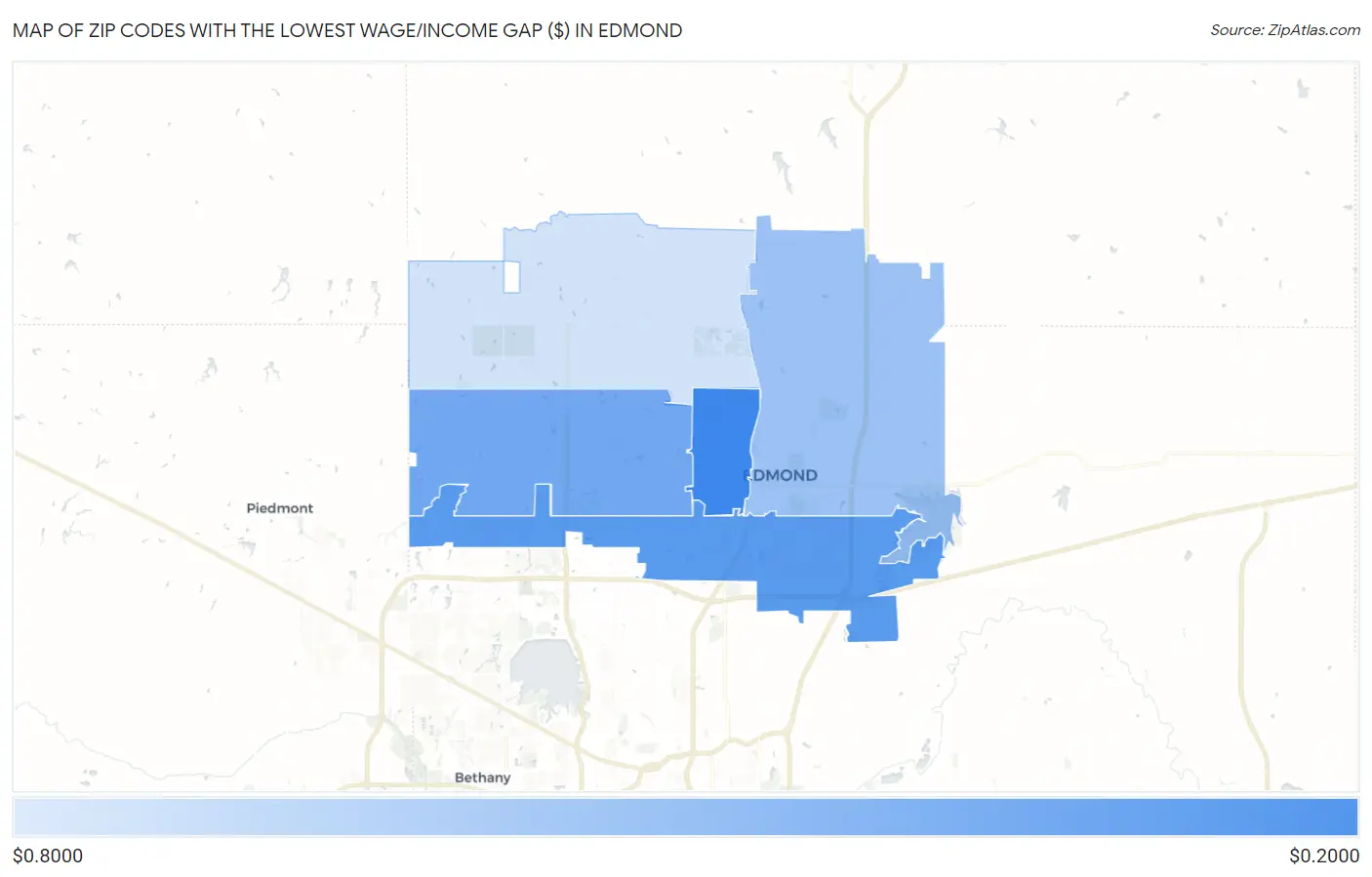 Zip Codes with the Lowest Wage/Income Gap ($) in Edmond Map