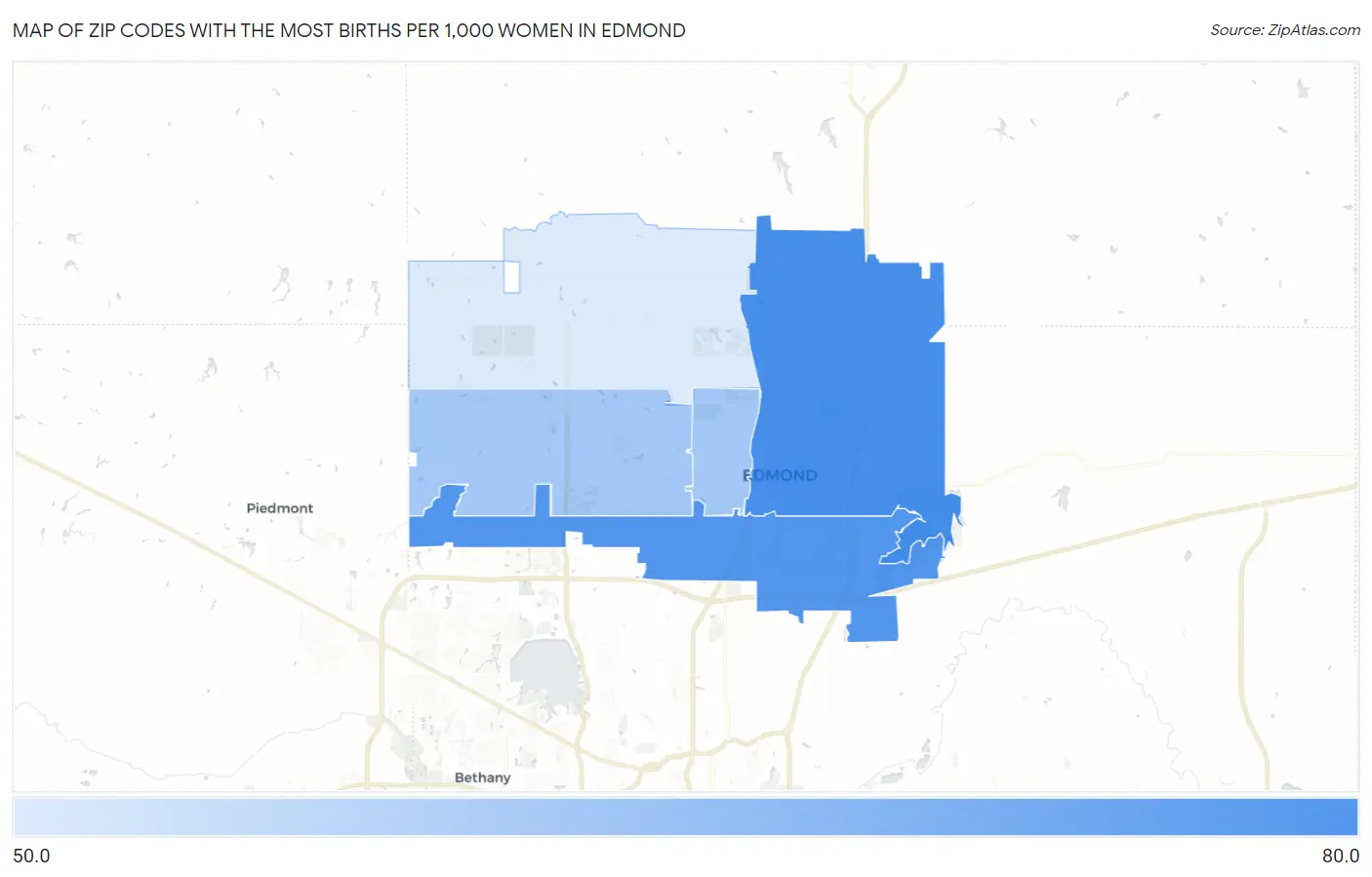 Zip Codes with the Most Births per 1,000 Women in Edmond Map