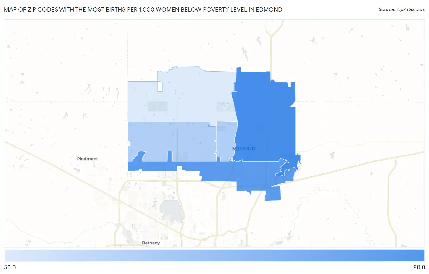 Zip Codes with the Most Births per 1,000 Women Below Poverty Level in Edmond Map