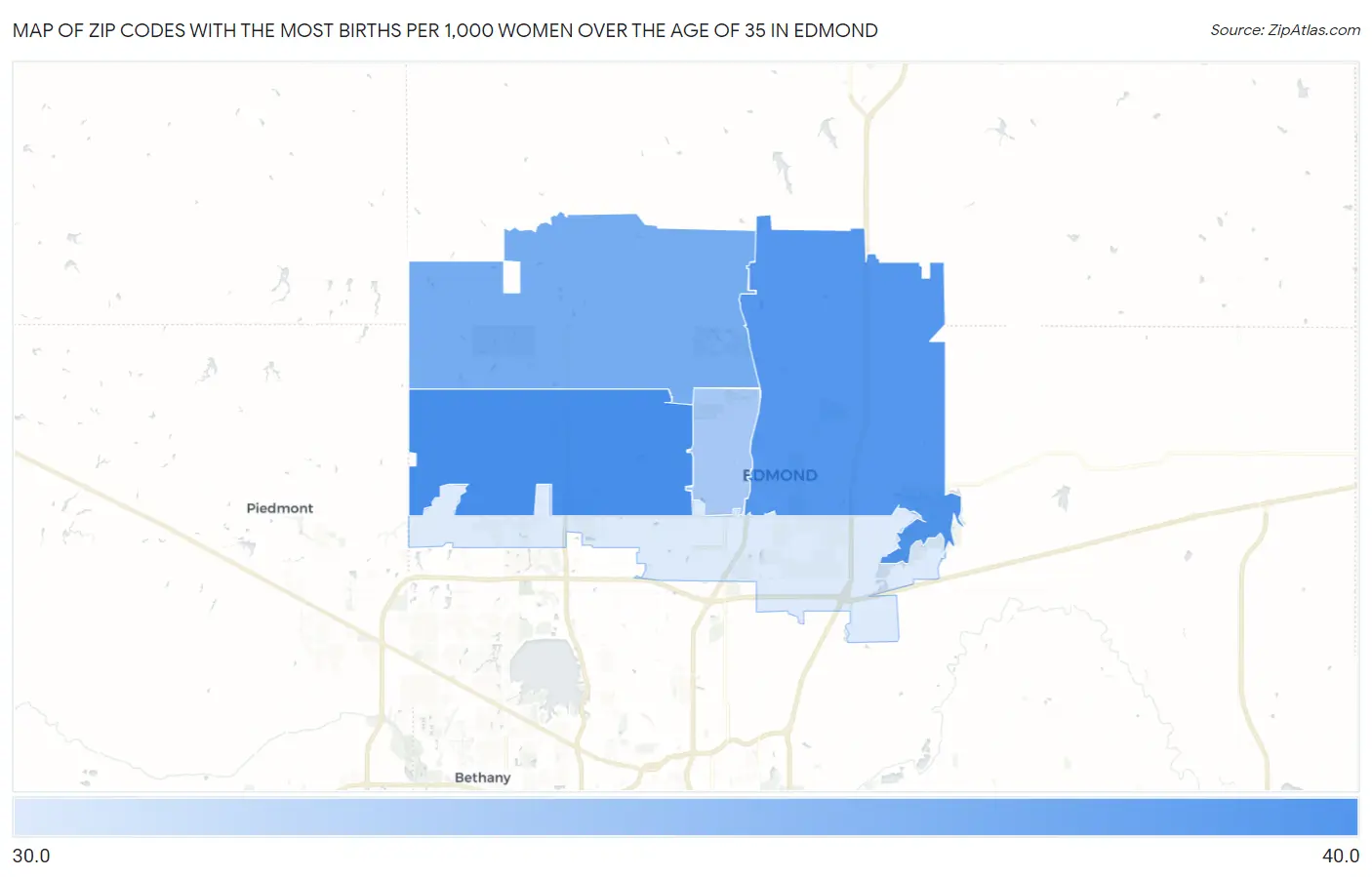 Zip Codes with the Most Births per 1,000 Women Over the Age of 35 in Edmond Map
