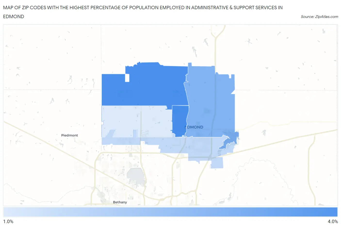 Zip Codes with the Highest Percentage of Population Employed in Administrative & Support Services in Edmond Map