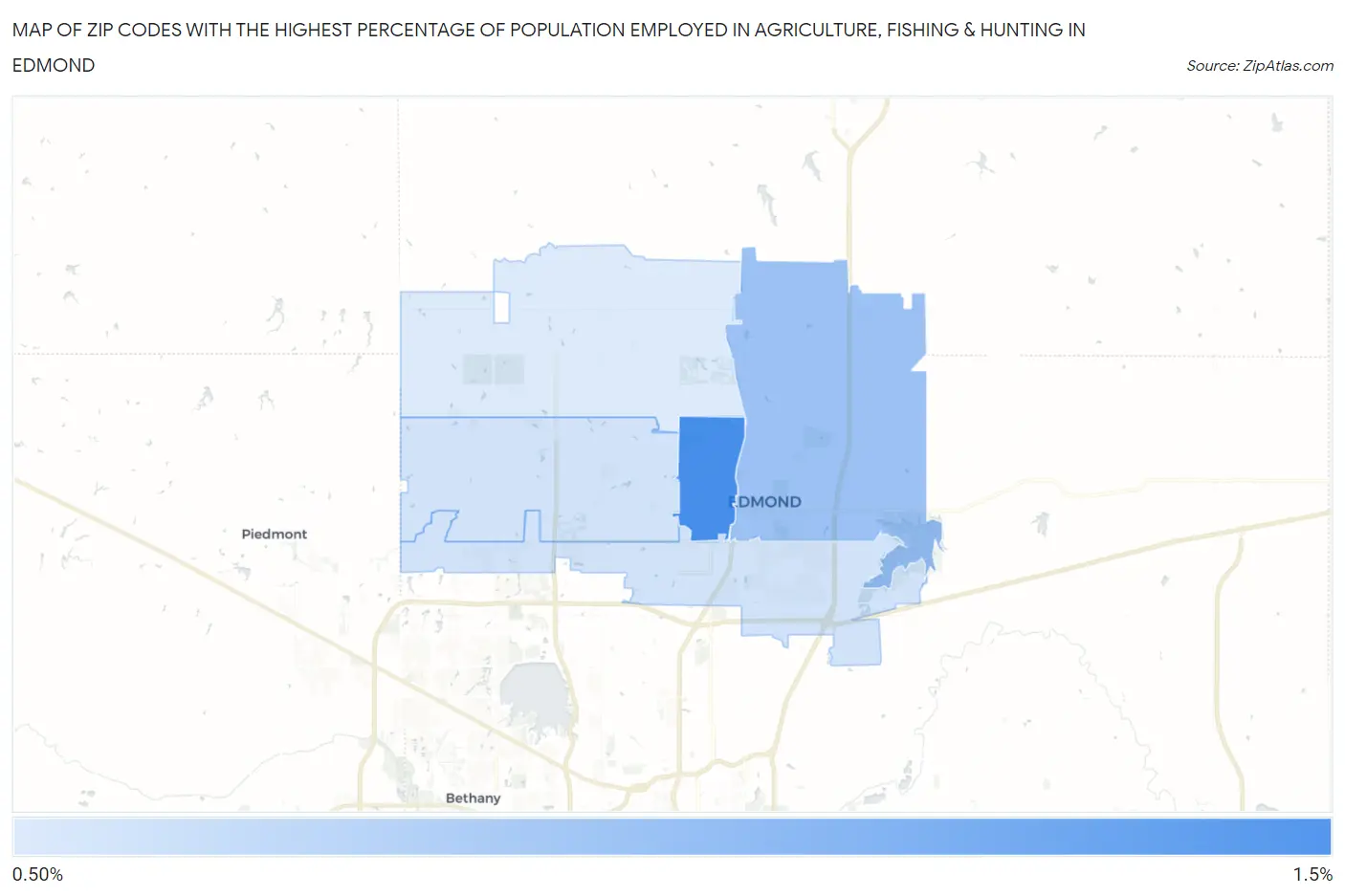 Zip Codes with the Highest Percentage of Population Employed in Agriculture, Fishing & Hunting in Edmond Map