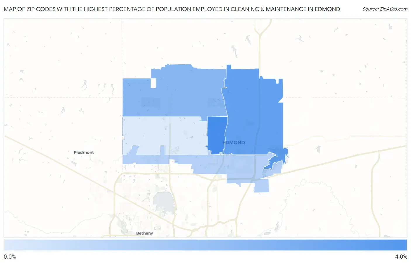Zip Codes with the Highest Percentage of Population Employed in Cleaning & Maintenance in Edmond Map
