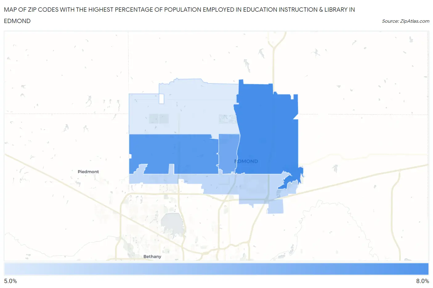 Zip Codes with the Highest Percentage of Population Employed in Education Instruction & Library in Edmond Map