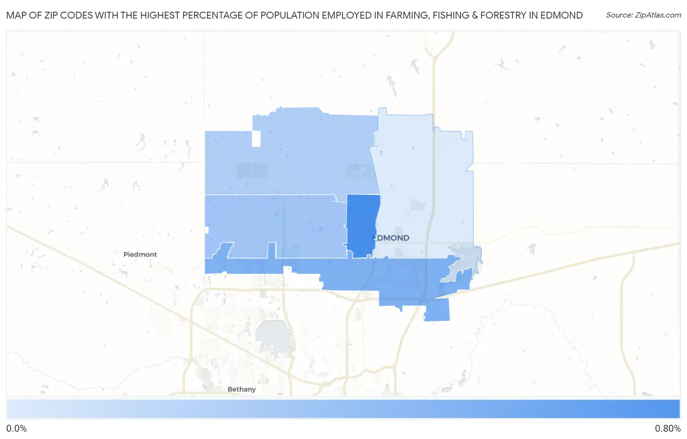 Zip Codes with the Highest Percentage of Population Employed in Farming, Fishing & Forestry in Edmond Map