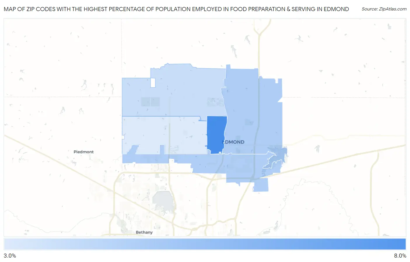 Zip Codes with the Highest Percentage of Population Employed in Food Preparation & Serving in Edmond Map