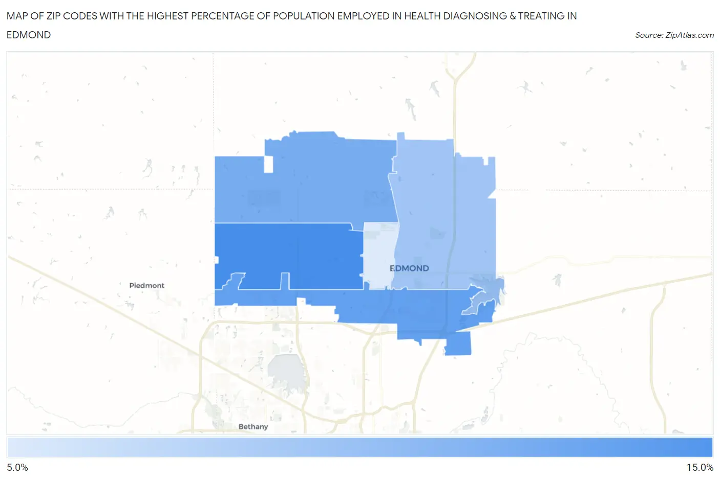 Zip Codes with the Highest Percentage of Population Employed in Health Diagnosing & Treating in Edmond Map