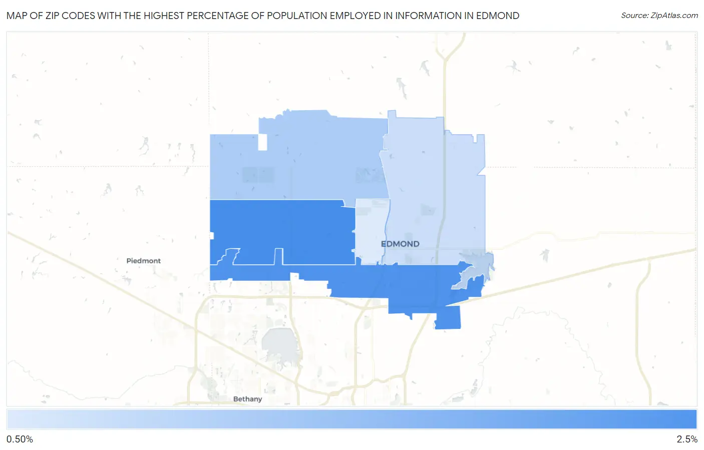 Zip Codes with the Highest Percentage of Population Employed in Information in Edmond Map