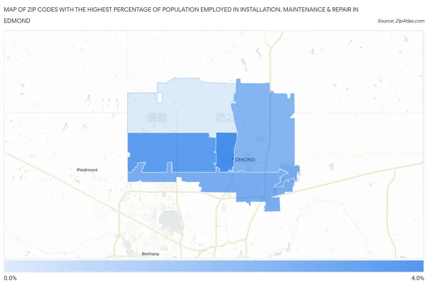 Zip Codes with the Highest Percentage of Population Employed in Installation, Maintenance & Repair in Edmond Map