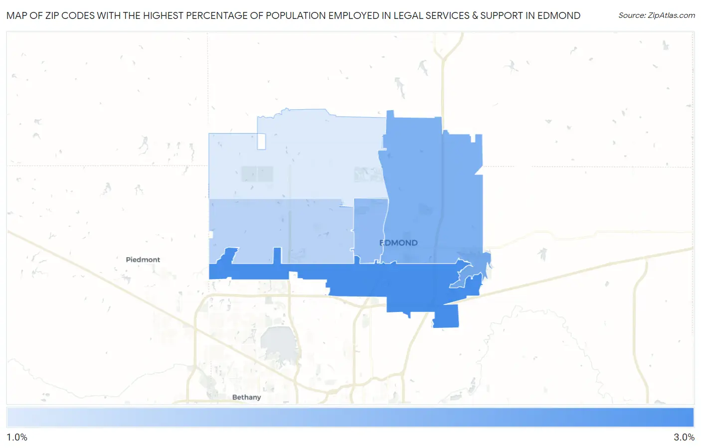 Zip Codes with the Highest Percentage of Population Employed in Legal Services & Support in Edmond Map
