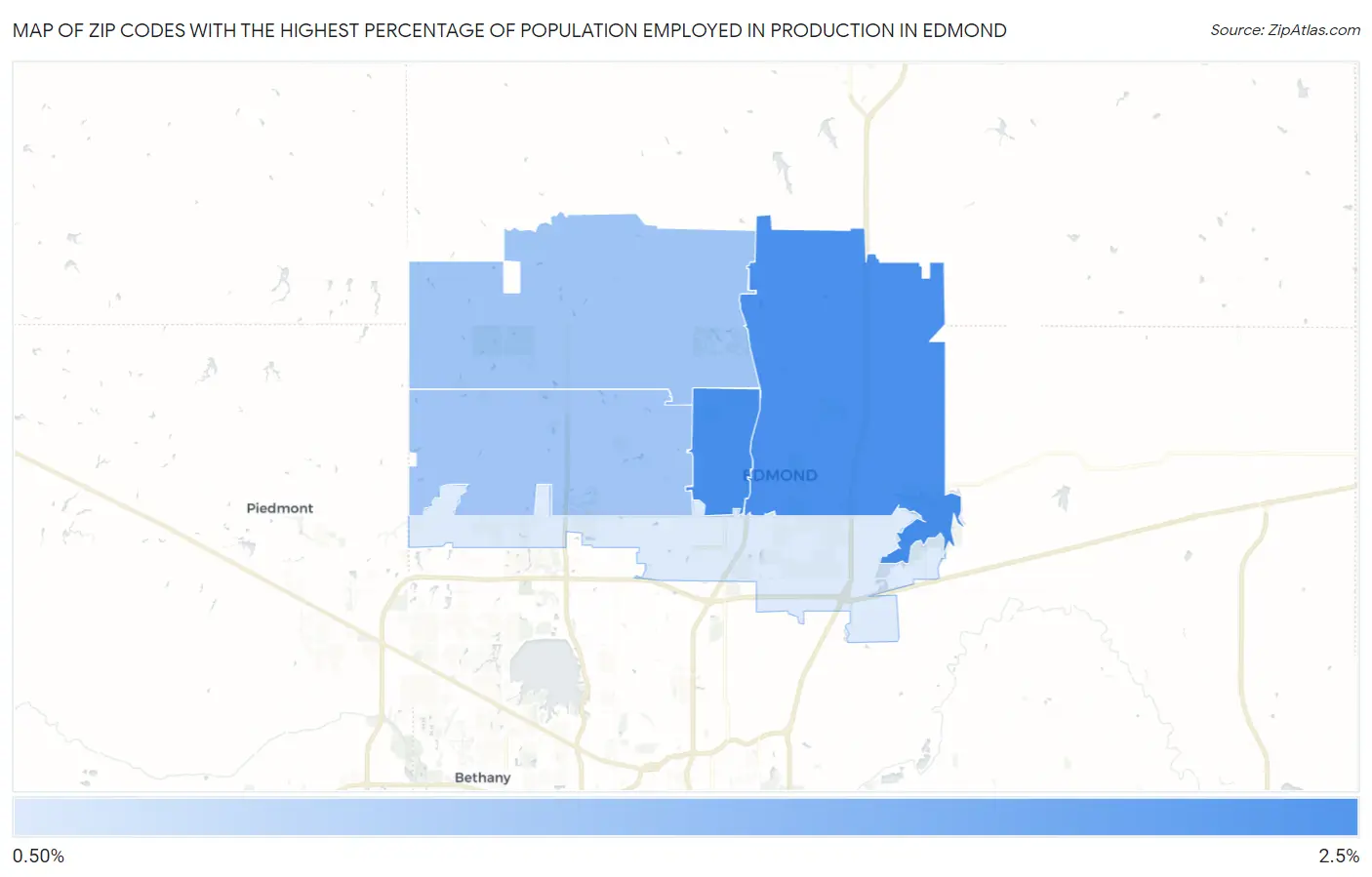 Zip Codes with the Highest Percentage of Population Employed in Production in Edmond Map
